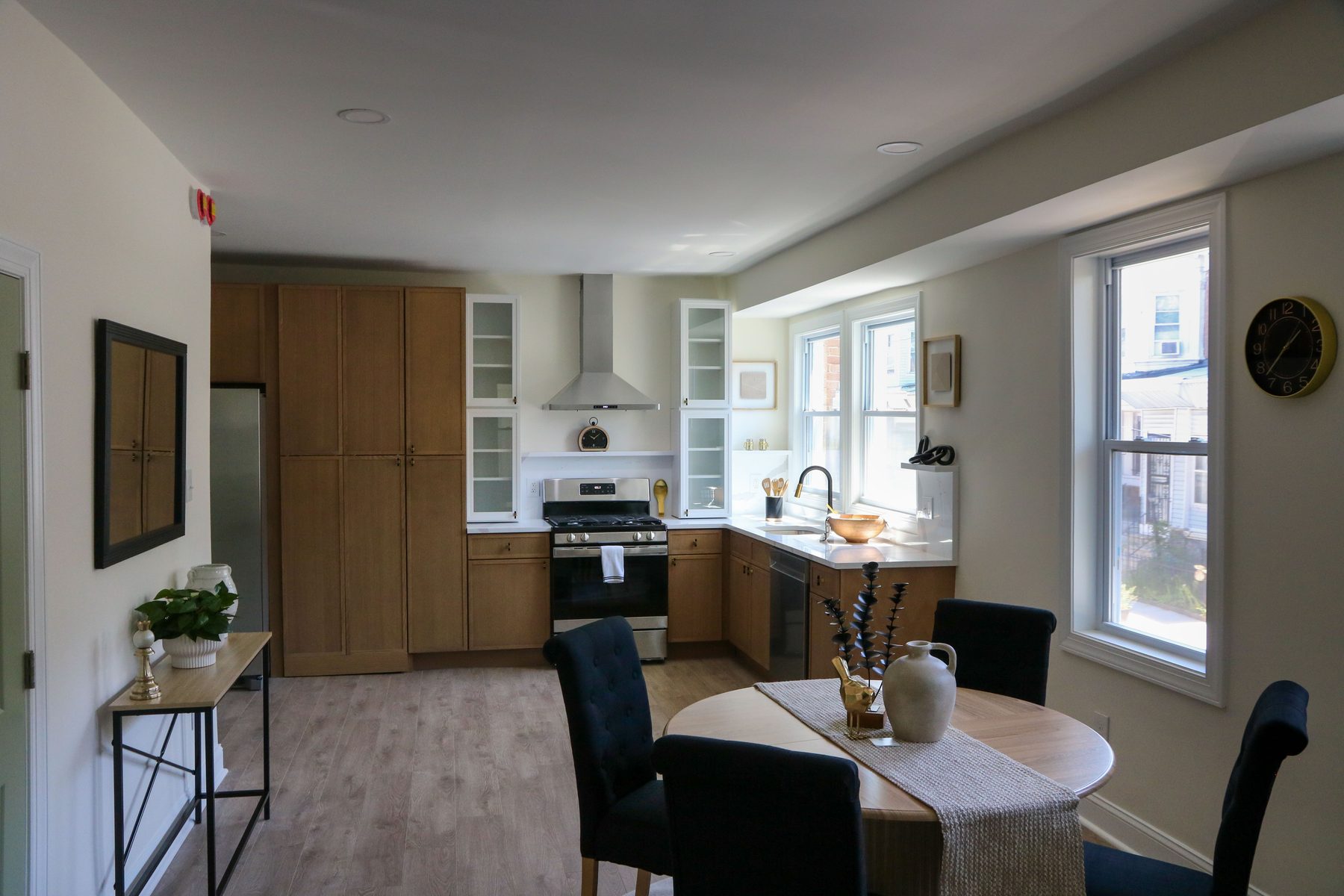 Kitchen detail showing countertop edge and cabinet hardware