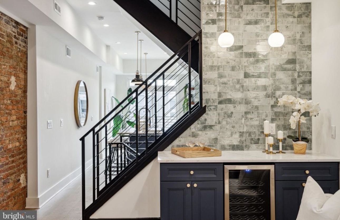 Detail of cabinet hardware and stone countertop finish