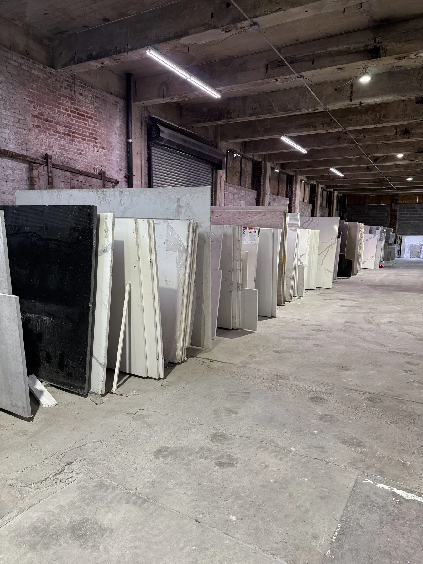 Vertical view of stacked slabs and warehouse storage