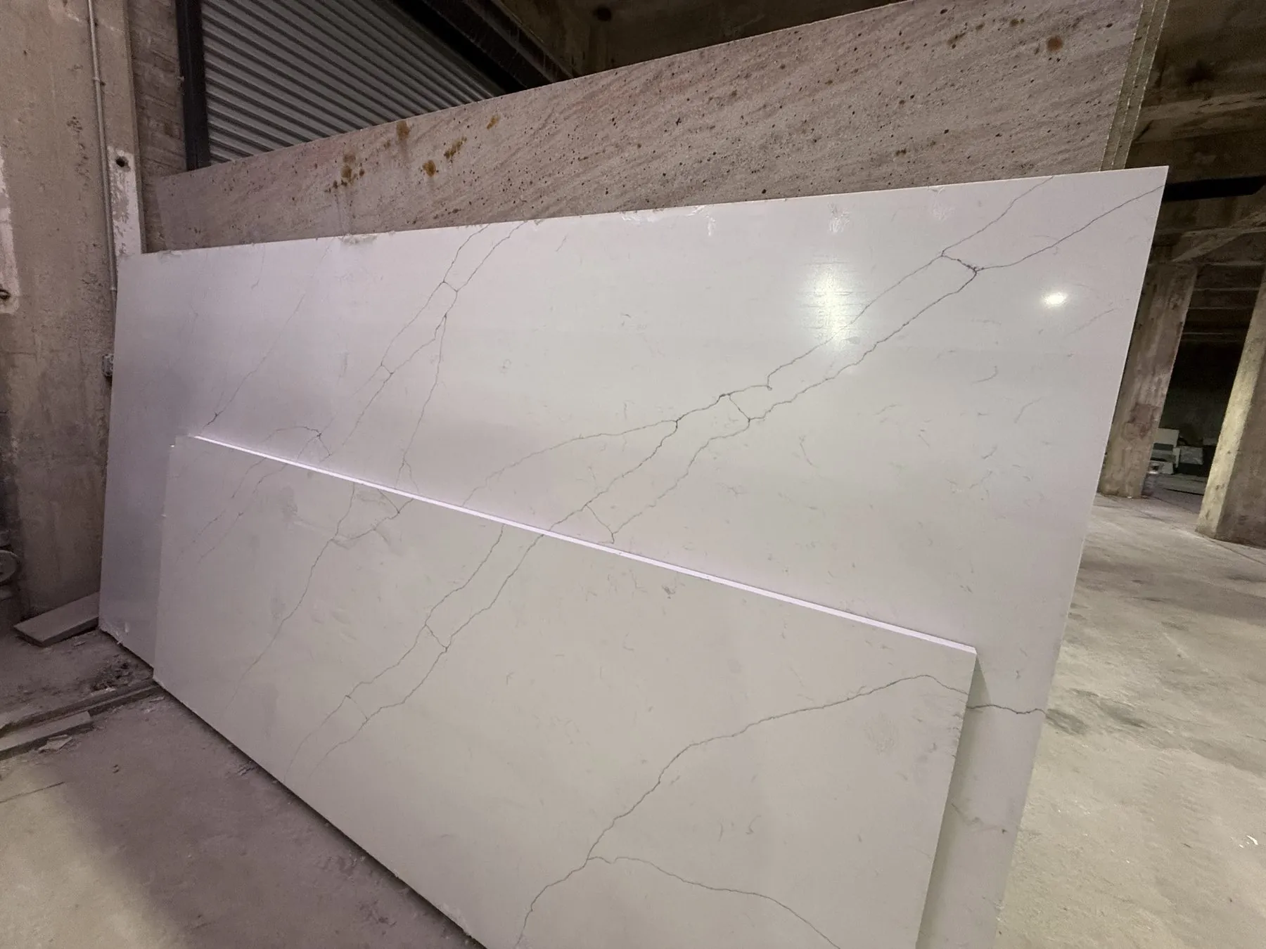 Stacked slabs in the working warehouse