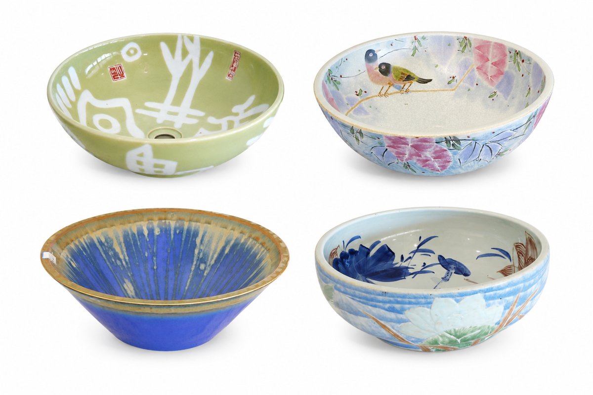 Hand-painted ceramic vessel sinks with folk-art motifs