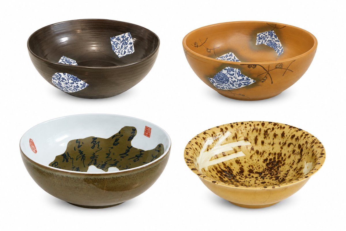 Earth-tone artisan ceramic vessel sinks with calligraphy detail
