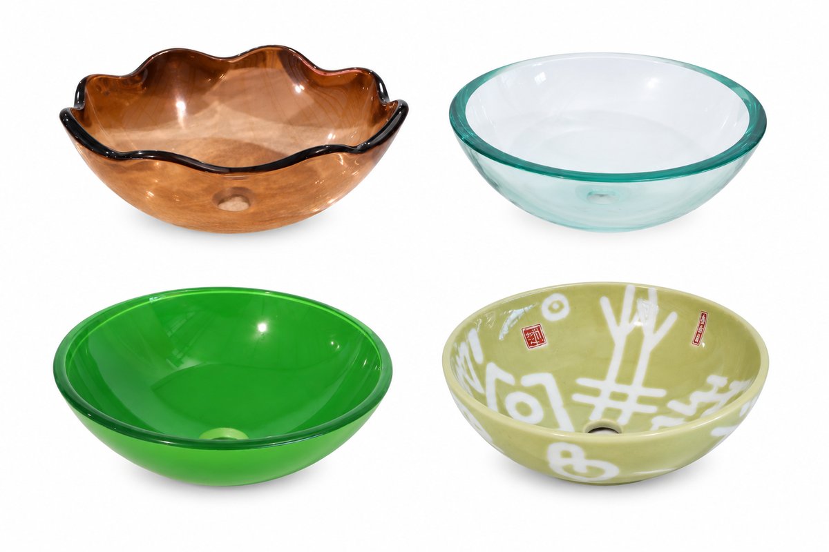 Glass and ceramic vessel sink mix in mixed colors